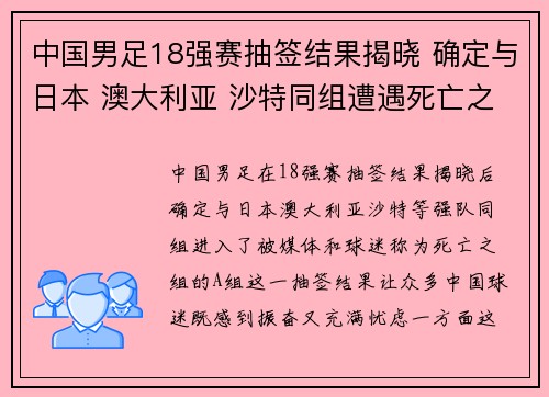 中国男足18强赛抽签结果揭晓 确定与日本 澳大利亚 沙特同组遭遇死亡之组